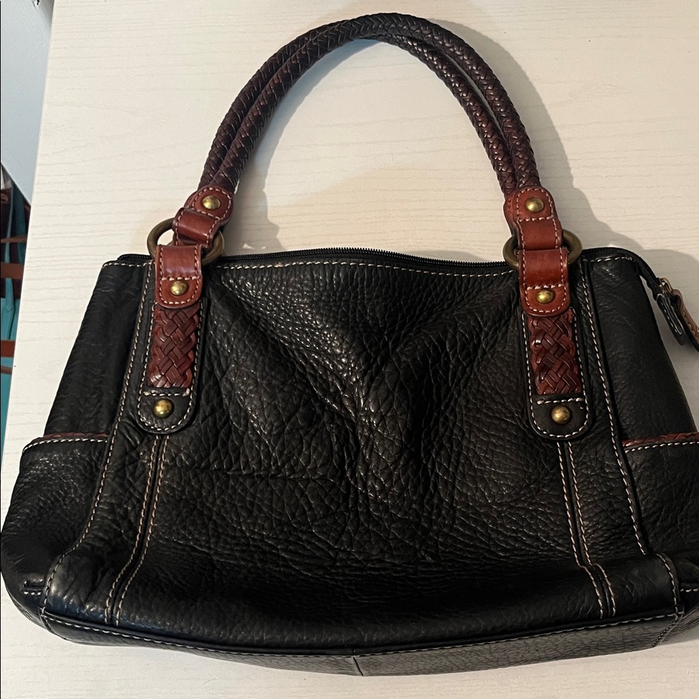 Vintage Fossil Black Pebbled Leather Shoulder Handbag Braided Handle 75082 READ
